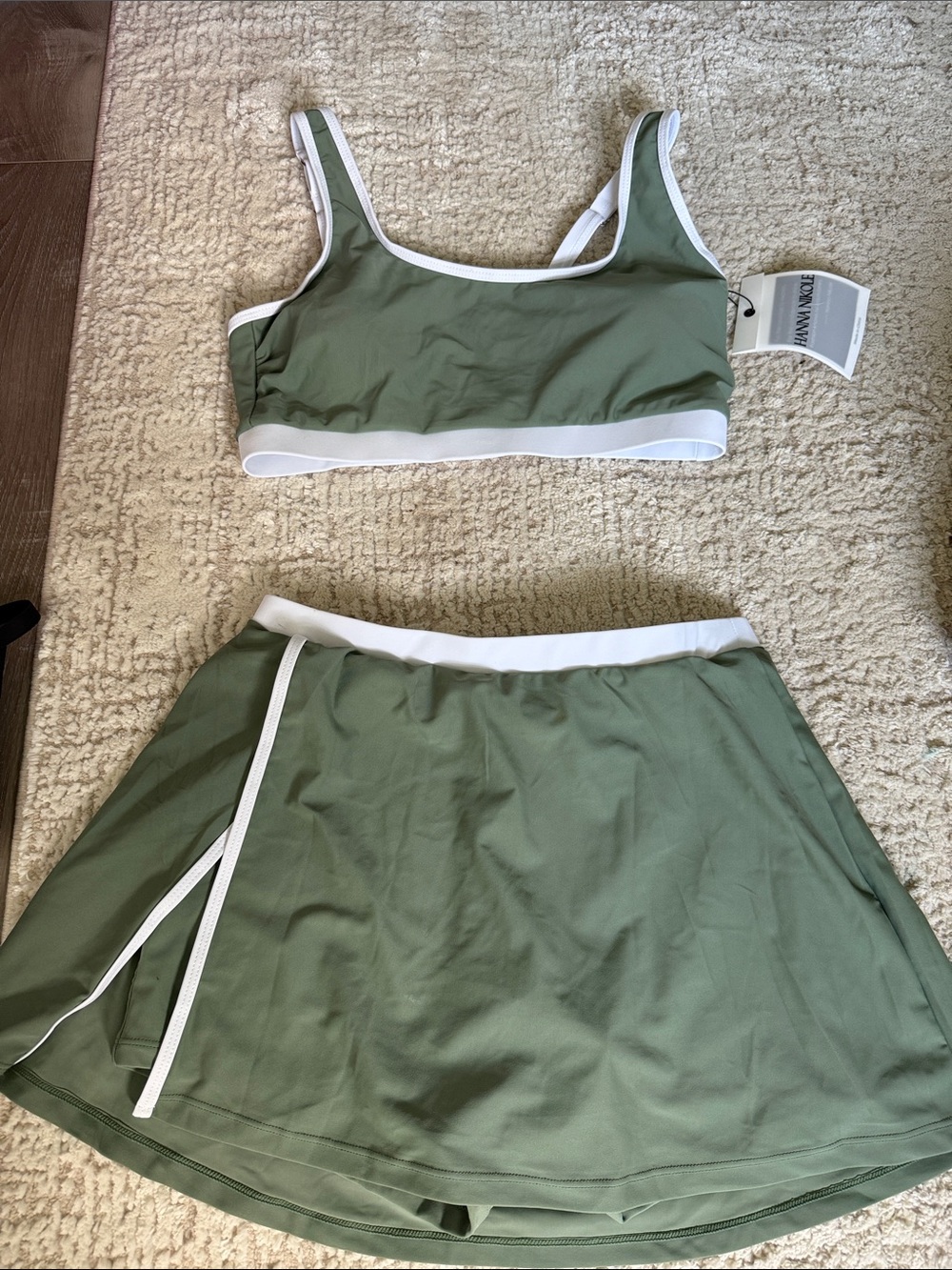 Hanna Nikole Olive Green Swim Bralette & Skort with White Trim